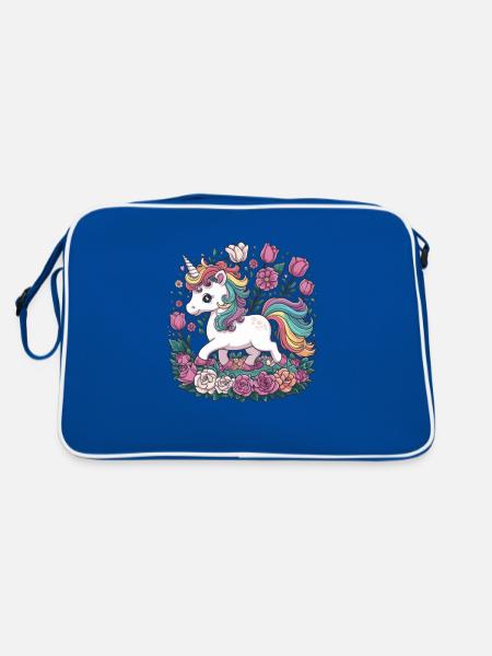 Kawaii Unicorn with Roses and Tulips - Retro Bag - blue/white - Back
