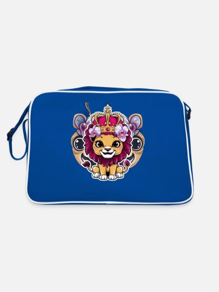 Kawaii Lion with Crown and Orchids - Retro Bag - blue/white - Back