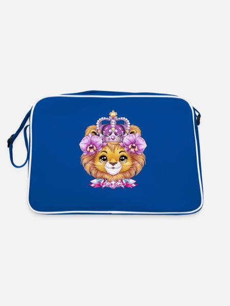 Kawaii Lion with Crown and Orchids - Retro Bag - blue/white - Back
