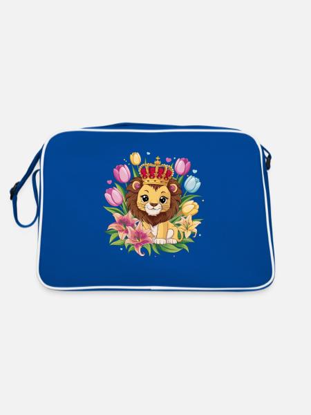 Kawaii lion with crown, tulips and lilies - Retro Bag - blue/white - Back