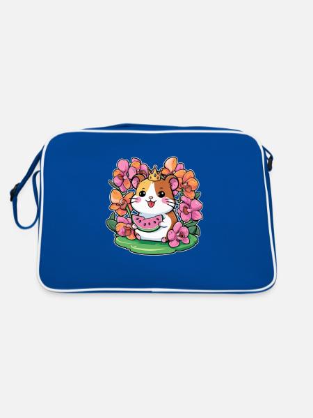 Kawaii Hamster mit Wassermelonen und Orchideen - Retro Tasche - Blau/Weiß - Hinten