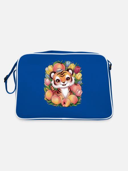 Tiger im Cartoon Stil mit Tulpen und Pfirsichen - Retro Tasche - Blau/Weiß - Hinten