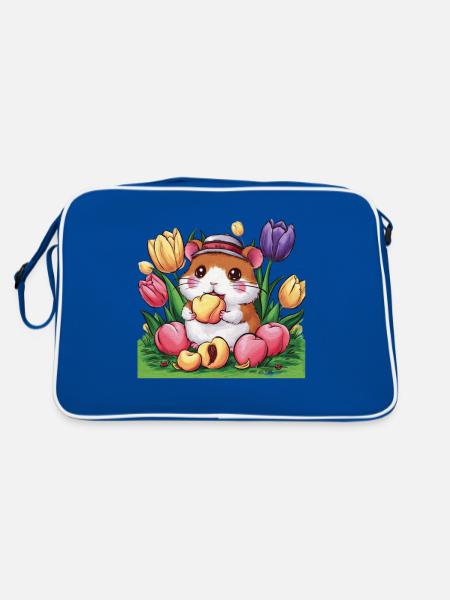 Cartoon Kawaii Hamster with Tulips and Peaches - Retro Bag - blue/white - Back
