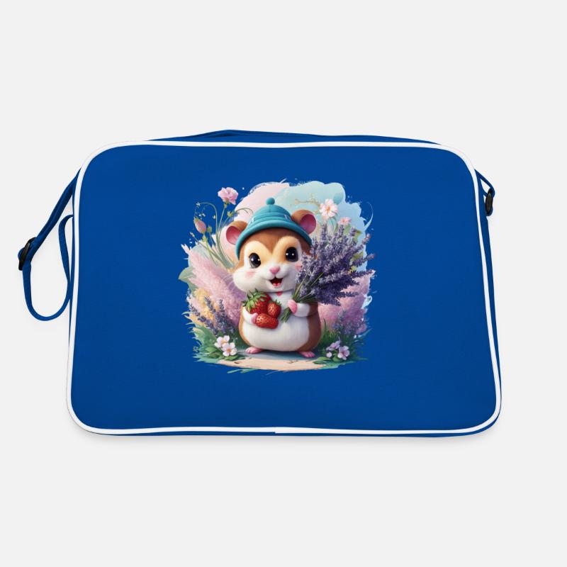 Kawaii Hamster mit Erdbeeren und Lavendel - Retro Tasche - Blau/Weiß