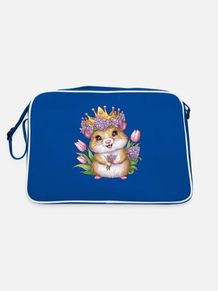 Cartoon Hamster mit Tulpen und lila Blumen - Retro Tasche - Blau/Weiß - Hinten