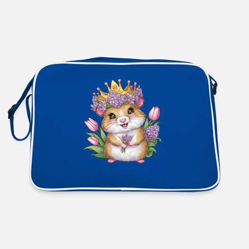 Cartoon Hamster mit Tulpen und lila Blumen Retro Tasche