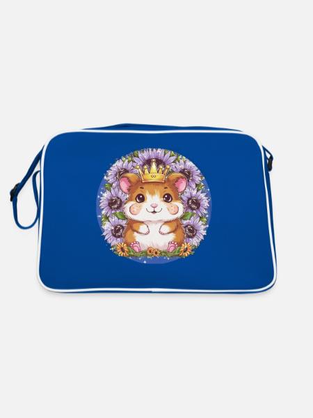 Kawaii Hamster mit Krone und Sonnenblumen - Retro Tasche - Blau/Weiß - Hinten