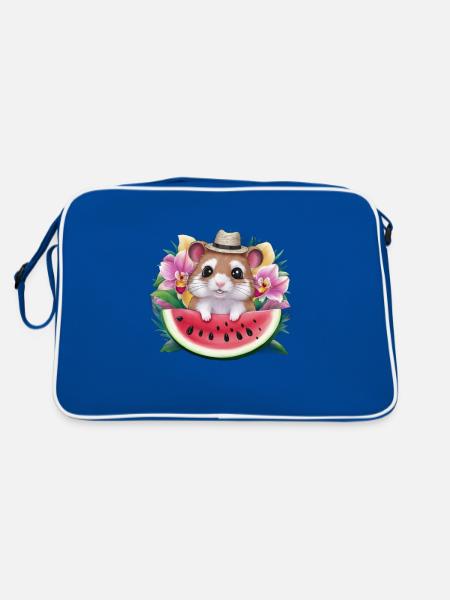 Kawaii Hamster mit Wassermelonen und Orchideen - Retro Tasche - Blau/Weiß - Hinten