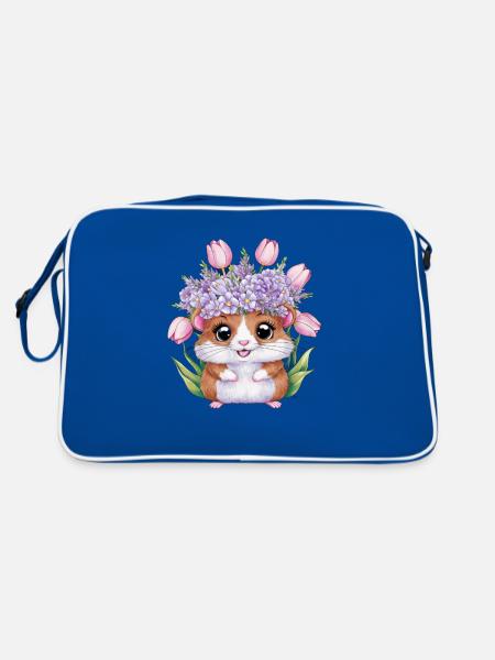Cartoon Hamster mit Tulpen und lila Blumen - Retro Tasche - Blau/Weiß - Hinten