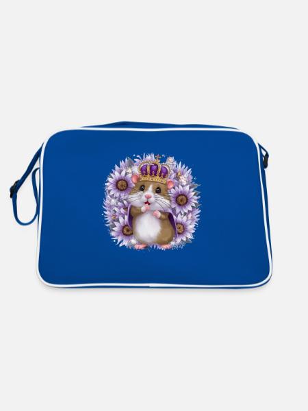 Kawaii Hamster mit Krone und Sonnenblumen - Retro Tasche - Blau/Weiß - Hinten