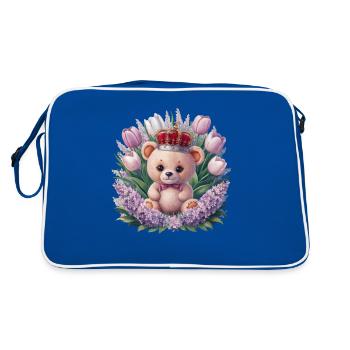Ours en peluche kawaii avec couronne, tulipes et lilas - Sac Retro - bleu/blanc - Dos