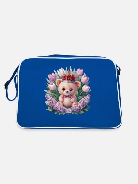 Ours en peluche kawaii avec couronne, tulipes et lilas - Sac Retro - bleu/blanc - Dos