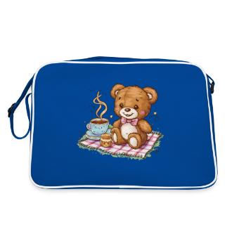 Cartoon Teddybär mit Honig und Tee - Retro Tasche - Blau/Weiß - Hinten