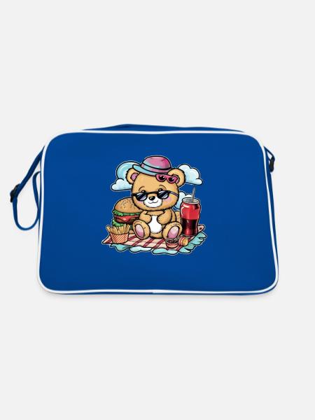 Niedlicher Cartoon Teddybär mit Fast Food - Retro Tasche - Blau/Weiß - Hinten