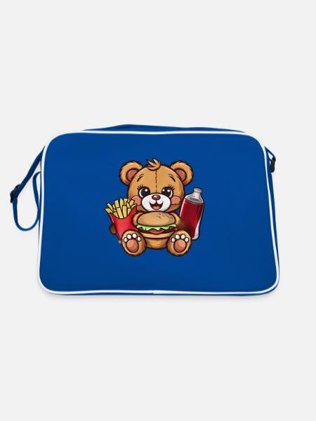 Niedlicher Cartoon Teddybär mit Fast Food - Retro Tasche - Blau/Weiß - Hinten