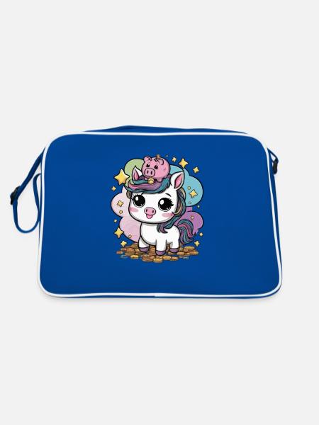 Cool Kawaii Unicorn with Piggy Bank - Retro Bag - blue/white - Back
