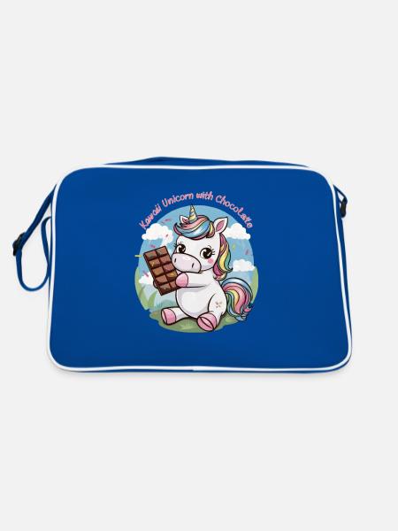 Süßes Kawaii Einhorn mit Schokolade - Retro Tasche - Blau/Weiß - Hinten
