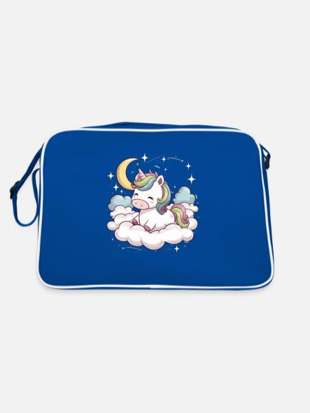Kawaii Einhorn mit Wolken, Mond und Sternen - Retro Tasche - Blau/Weiß - Hinten
