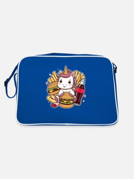 Einhorn mit Fast Food - Retro Tasche - Blau/Weiß - Hinten