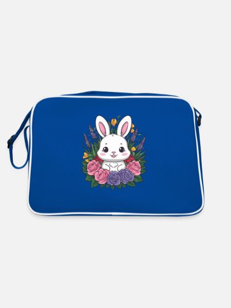 Mignon lapin kawaii avec des roses et de la lavande - Sac Retro - bleu/blanc - Dos