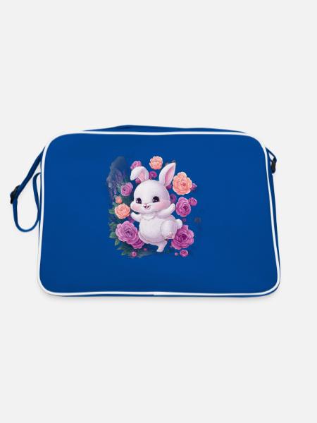 Mignon lapin kawaii avec des roses et de la lavande - Sac Retro - bleu/blanc - Dos