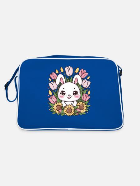 Kawaii Hase mit Tulpen und Sonnenblumen - Retro Tasche - Blau/Weiß - Hinten