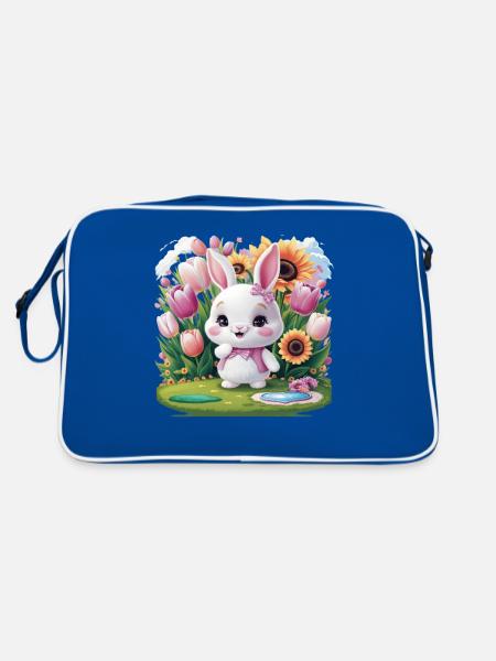 Kawaii bunny with tulips and sunflowers - Retro Bag - blue/white - Back