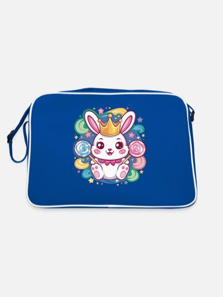 Kawaii Hase mit Krone und Lutschern - Retro Tasche - Blau/Weiß - Hinten