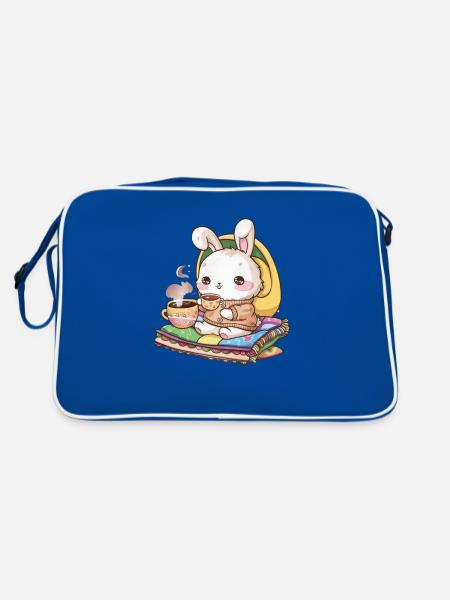 Knuffiger Hawaii Hase mit Tee und Decke - Retro Tasche - Blau/Weiß - Hinten