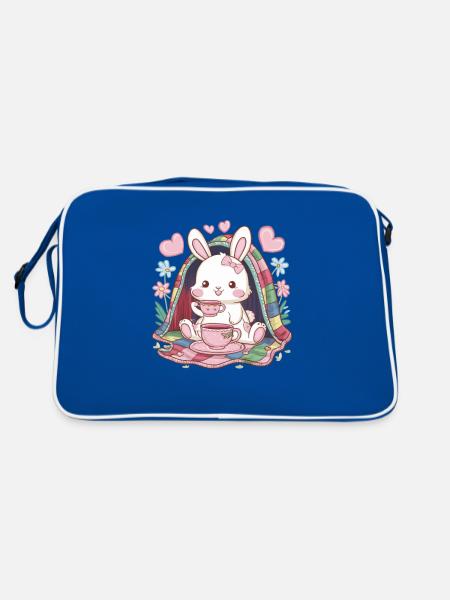 Knuffiger Hawaii Hase mit Tee und Decke - Retro Tasche - Blau/Weiß - Hinten