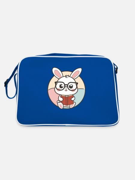 Knuffiger Kawaii Hase mit Brille und Buch - Retro Tasche - Blau/Weiß - Hinten