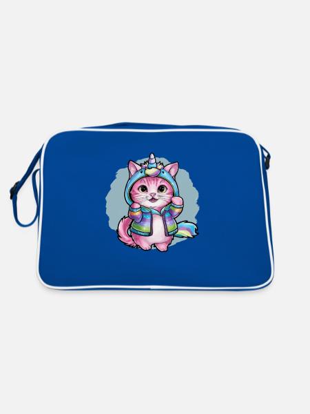 Niedliche Einhorn Katze mit brillanten Farben - Retro Tasche - Blau/Weiß - Hinten