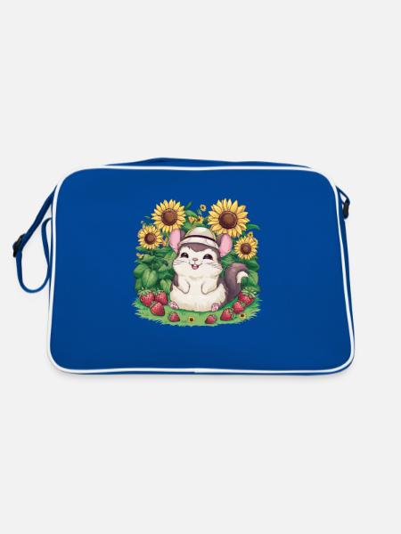 Kawaii Chinchilla mit Erdbeeren & Sonnenblumen - Retro Tasche - Blau/Weiß - Hinten