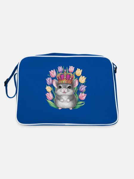 Kawaii Chinchilla mit Krone und bunten Tulpen - Retro Tasche - Blau/Weiß - Hinten