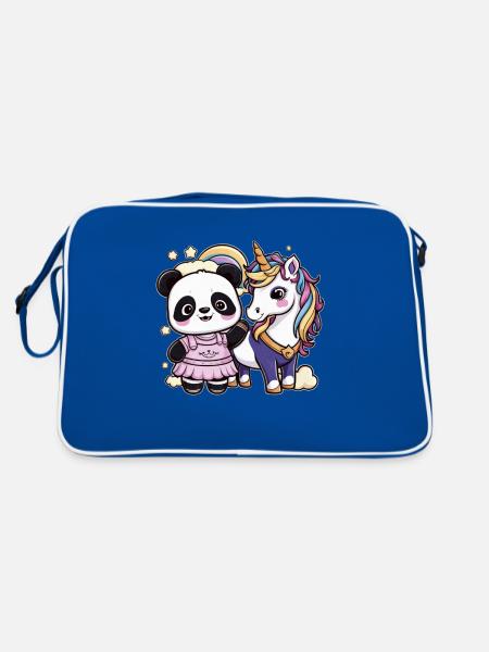 Cute Kawaii Panda with Unicorn - Retro Bag - blue/white - Back
