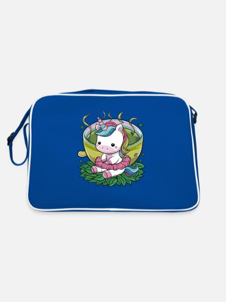 Süßes Kawaii Einhorn liebt grünen Tee - Retro Tasche - Blau/Weiß - Hinten