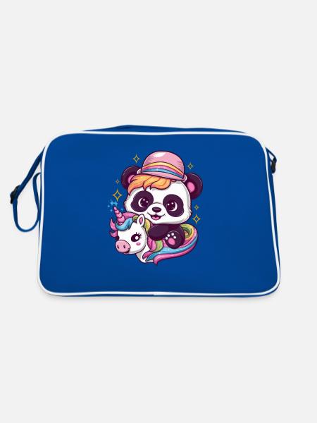 Süßer Kawaii Panda mit Einhorn - Retro Tasche - Blau/Weiß - Hinten