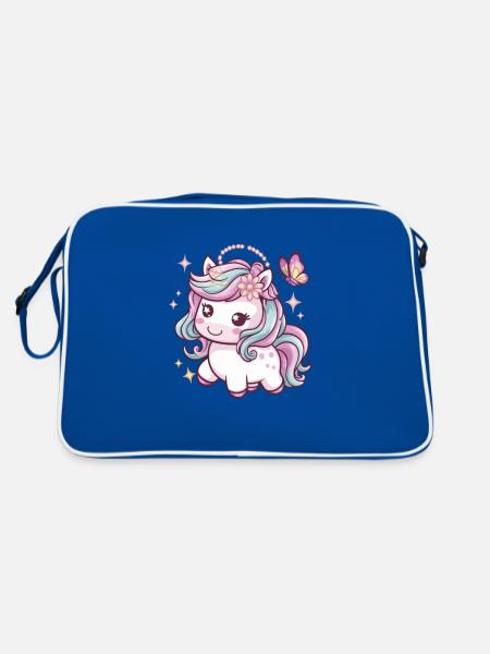 Niedliches Kawaii Einhorn mit Schmetterling - Retro Tasche - Blau/Weiß - Hinten
