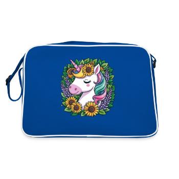 Kawaii Einhorn mit Sonnenblumen und Flieder - Retro Tasche - Blau/Weiß - Hinten