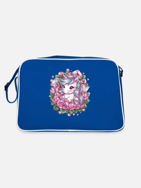 Kawaii einhorn mit Rosenbeet - Retro Tasche - Blau/Weiß - Hinten