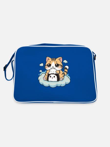 Süße Kawaii Katze mit Onigiri - Retro Tasche - Blau/Weiß - Hinten
