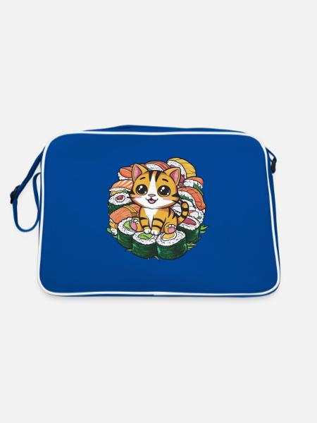 Cute kawaii cat loves sushi - Retro Bag - blue/white - Back