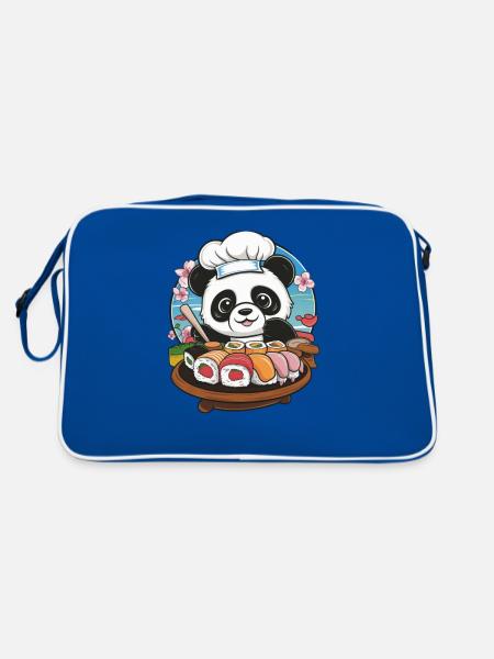 Cute Kawaii Panda with Great Sushi Variation - Retro Bag - blue/white - Back