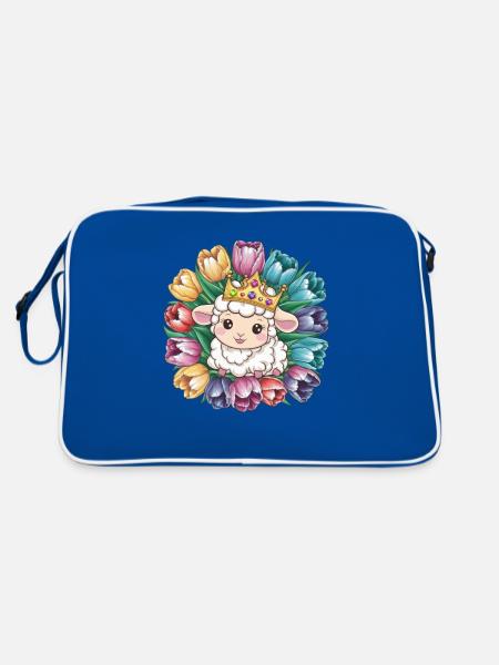 Königliches Kawaii Schaf mit Krone und Tulpen - Retro Tasche - Blau/Weiß - Hinten
