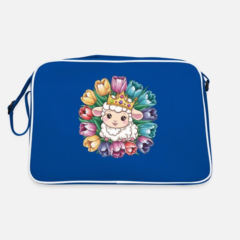 Königliches Kawaii Schaf mit Krone und Tulpen Retro Tasche