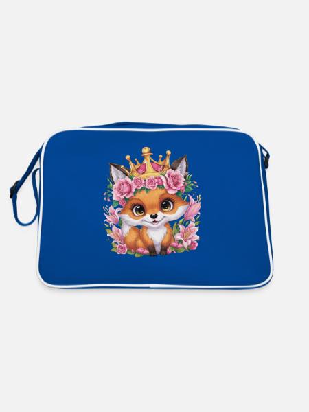 Cartoon kawaii fox with crown, roses and lilies - Retro Bag - blue/white - Back