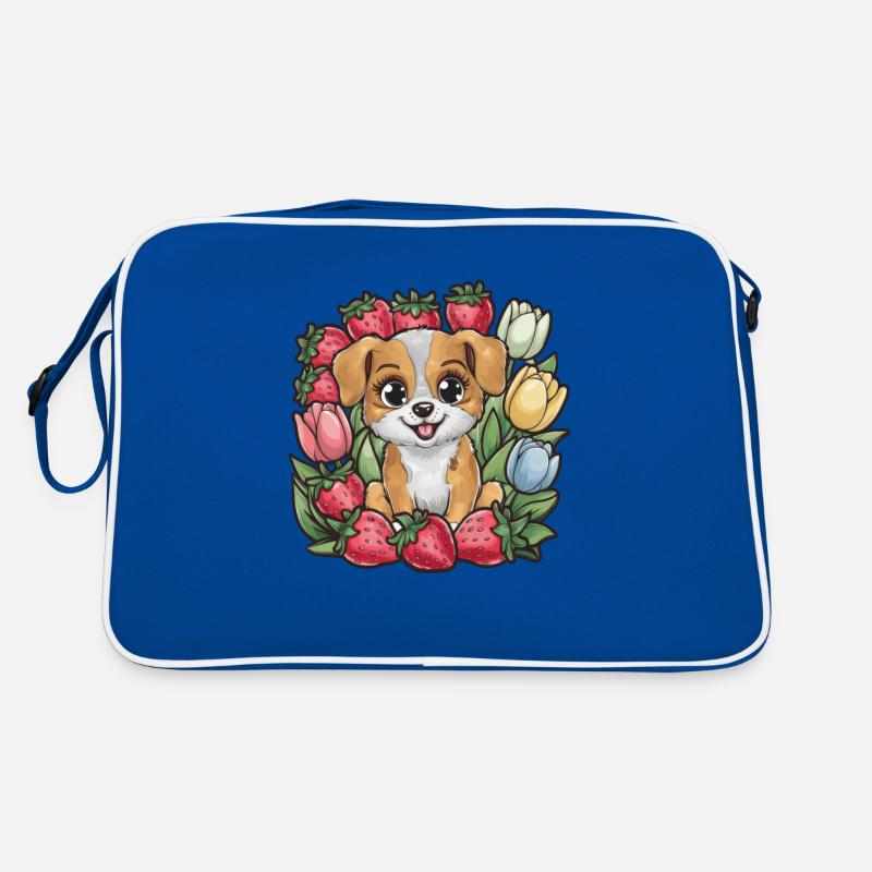 Kawaii Cartoon Hund mit Erdbeeren und Tulpen Retro Tasche
