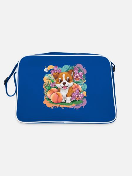 Kawaii cartoon dog with peach and orchids - Retro Bag - blue/white - Back
