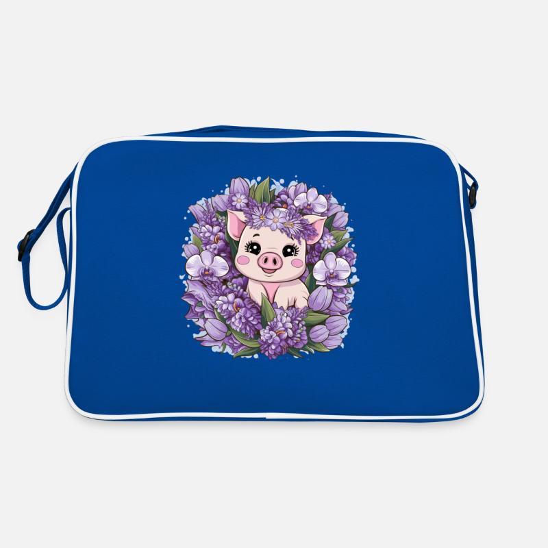 Schwein im Cartoon Kawaii Stil mit Orchideen Retro Tasche
