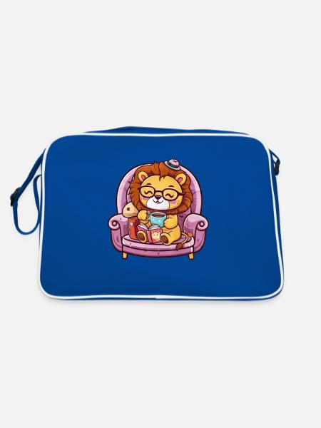 Kawaii Lion with Book, Tea and Glasses - Retro Bag - blue/white - Back